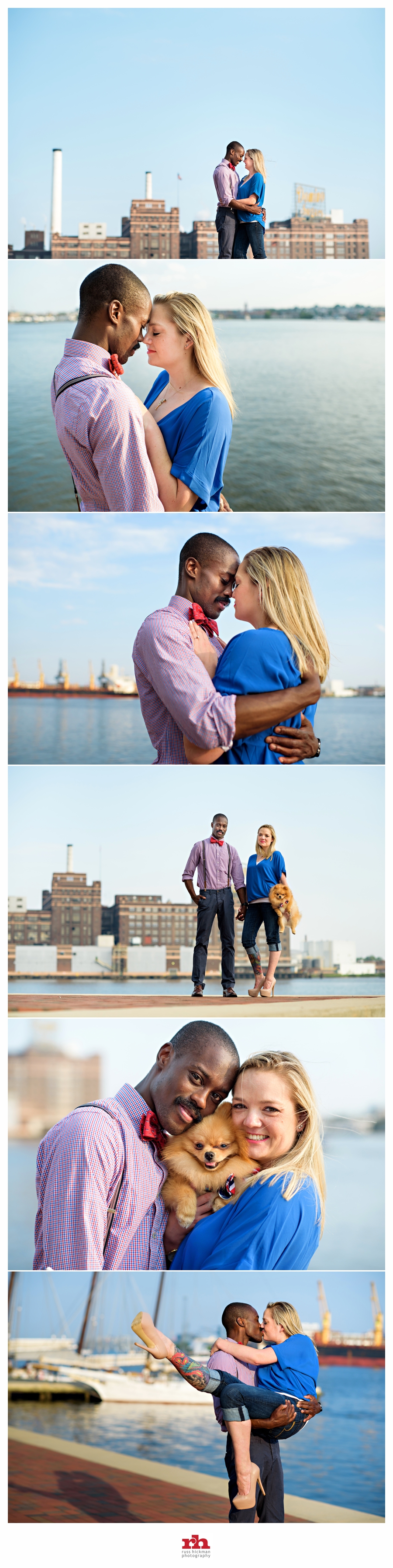 A couple hug in Fells Point during their Baltimore Engagement Session.